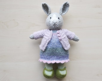 Hand Knit Bunny Girl with Outfit Soft Toy Knitted Little Bunny in Cotton Dress Rabbit Cute Stuff Animal Gift Collectible Toy