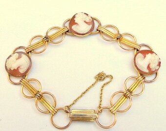 HUGE SALE, Antique Cameo Bracelet, 10k Gold Filled Bracelet, Hand Carved Conch Shell, Three Cameos, Italian Cameos