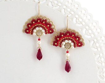 Red drop earrings, Unique earrings, Red dangle earrings, Fan earrings, Crystal dangle earrings, Crystal and pearl earrings, Unusual earrings