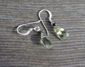 Light GREEN AMETHYST earrings. AAA Superior quality faceted trillion gemstones. Black tourmaline. S.S. Art Deco/ Edwardian/ Everyday/
