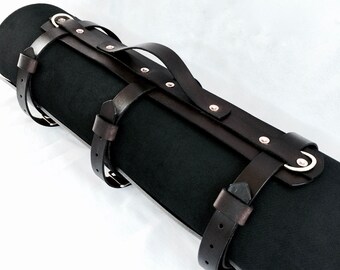 Leather bedroll or blanket strap carrier for motorcycling, biking, festivals and camping