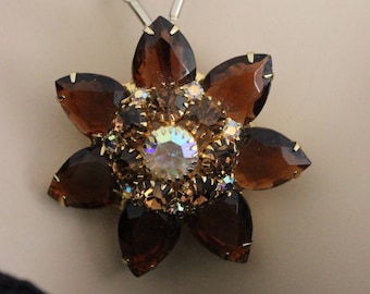 Huge Vintage Amber Rhinestone Aurora Borealis Necklace and Matching Clip Earrings