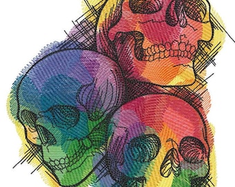 Rainbow Skull Trio Embroidered on Hand Towel or Tea Towel