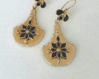 14k victorian earrings | 14k onyx seed pearl earrings