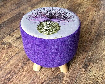 Scottish Vibrant Purple Embroidered Thistle and Harris Tweed Footstool.