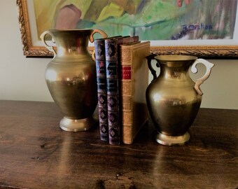 Pair of Brass Vases Brass Urns Made in India Brass Vases with Handles Flower Vase Vintage Brass Vases Library Decor Study Decor