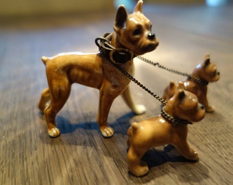 Vintage Ceramic Boxer with Pups on Leash
