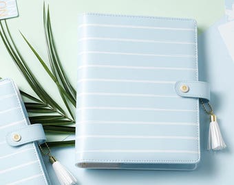 DOKIBOOK White Stripes A5 A6 Faux Leather Organizer Planner Notebook Binder PU Blue