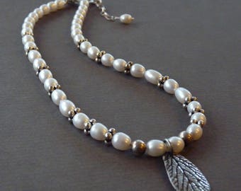 Freshwater pearls with fine silver handmade leaf