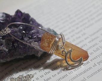 Tangerine Aura Quartz long necklace. Moon necklace. Aura Quartz Necklace. Boho necklace. Bohemian jewelry. Moon jewelry. Crescent moon.