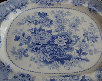 MAGNIFICENT Antique Clews Staffordshire Extra Large 20 x 16-1/2 inch Light Blue and White Transferware Platter! (Free Shipping)!