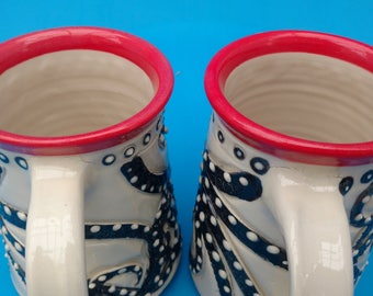 Slight Second ,Black and White Octopus, Beer Stein, Handmade Mug, Pint, Tankard, Valentine's Day