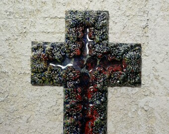 Ceramic cross, cross ornament, cross for wall, decorative cross, hanging cross, wall cross, mosaic wall cross, baptism cross, wall crucifix