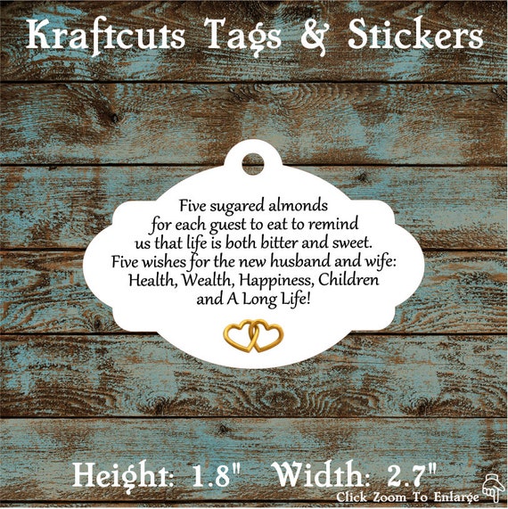 Favor Tags, Jordan Almond Favor Tags, Sugared Almond Favor Tags, Italian Wedding Favor Tags with Gold Hearts #777 - Quantity: 30 Tags