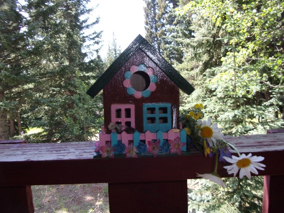 Birdhouse, wooden birdhouse, handpainted birdhouse, Pink and blue, Guitar coca cola, outdoor decor, indoor decor, gift, collector item,