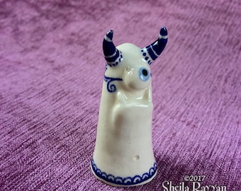 Blue-Eyed Monster - hand sculpted stoneware ceramic buddy desk pet delft cobalt blue