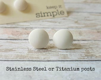 Matte white stud earrings, White earrings small, White studs, White post earrings, Girlfriend gift, Minimalist earrings, Round earrings