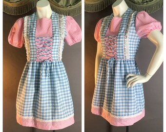 60s dress 1960s vintage PINK BLUE GINGHAM folkloric charming cotton puff sleeve mod dolly mini dress