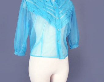 1950's Vintage Blue Sheer Blouse Top, Nylon Chiffon Shirt, Rhinestone Button Up, Mid Century, 40's, Turquoise, Medium