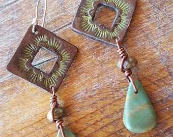 Tooled Leather Earrings - Turquoise Teardrop Earrings - Sterling Silver - Western Jewelry - Cowgirl Earrings - Rustic Jewelry
