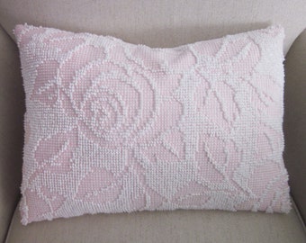 Vintage Chenille Pillow Cover, Cottage Chic, Shabby Chic, Pink Cabbage Rose, 12 x 16 inches
