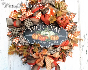 Fall Door Wreath - Autumn Wreath - Mesh Wreath - Fall Burlap Wreath - Welcome to Our Home Wreath - Orange Brown Black Fall Wreath