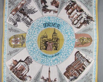 Souvenir of TRIER Germany Multi Scenes of City on Vintage Hankie Handkerchief