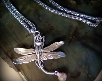 Silver Dragonfly with Pearl Pendant