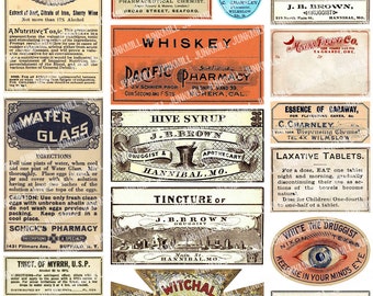 APOTHECARY - Digital Printable Collage Sheet - Vintage Apothecary & Medicine Labels, Drug Store, Snake Oil, Quack Remedies, Instant Download