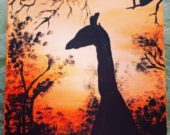 Sunset and Giraffe Silhouette - Acrylic Painting 5"x5"
