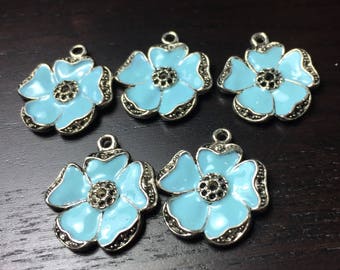 Pastel Blue and Black Enamel Poppy Flower Pendants -- Set of 5