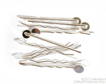 Silver Bobby Pins with Glue Pad - Blank Hair Pins - Silver Plated Steel Hairpins - 63mm Bobby Hair Clip with 10mm Round Pad - Pack of 10 Pcs