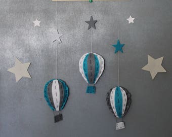 Blue, grey and white hot air balloon mobile