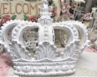 Shabby Chic White CROWN Wall DECOR, Hand Painted, Polyresin, Distressed, 8-3/4" Tall~11-3/8" Wide, Cottage Chic, French Chic, Crown Decor