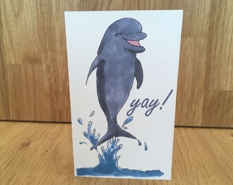 Dolphin "yay!" mini card, 6x10cm (approx 2.5x4in)