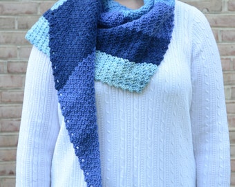 Triangle Scarf, Hand Crocheted Blue Stripes Asymmetrical Scarf/Shawl