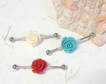 Rose Industrial Barbell You Choose Color and Bar Length, Flower Industrial Barbell, Scaffold Ear Earring, 14g Barbells