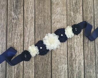 Maternity sash, navy maternity sash, ivory maternity sash, ivory and navy maternity sash, baby shower sash, maternity photo sash