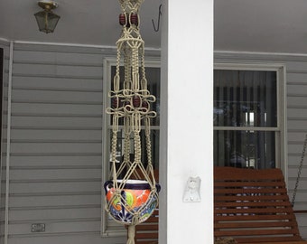 Macrame Plant Hanger in taupe, thatch color 4 mm Polyolefin cord with brown wooden beads and birdcage design