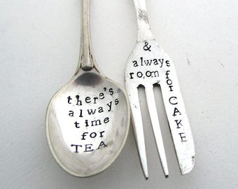 Teaspoon and Cakefork, Handstamped Mismatched Cutlery Set, Vintage Teatime, Hand Stamped Vintage Tea Spoon and Cake Fork