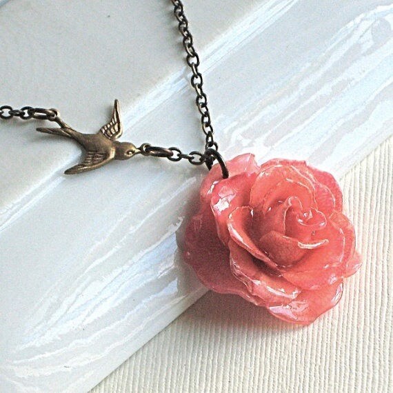Real Pink Rose Necklace Natural Preserved Bird Necklace