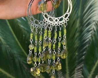 Vintage Boho Bead Earrings // 90s Chartreuse Green Flower Bead Statement Earrings // Silver and Peridot Green Shoulder Duster Earrings