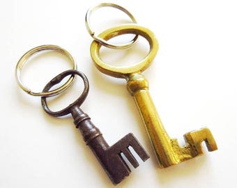 Vintage Skeleton Key Keychain, 2 3/8” Silver Metal, 3” Solid Brass
