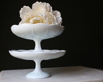 Vintage Milk Glass Cake Stand Cupcake Platter Wedding Pedestal Dessert Plate Set of 2