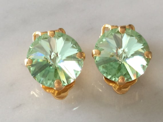 Chrysolite Swarovski Crystal Clip On Earrings, Yellow Gold