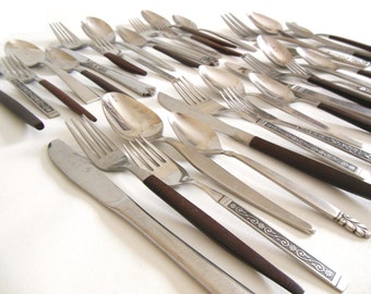 Danish Modern Flatware Set Mismatched Service for 4 or 6 Brown Handle