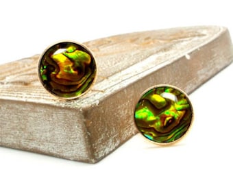 Golden Yellow Paua Shell Cufflinks IV, 20mm Round Yellow Paua Shell Cufflinks, Paua Shell Cufflinks