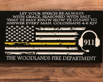 Personalized 911 Dispatcher Firefighter Gift Christmas Custom Sign Rustic Home Decor Thin Yellow Line American Flag Mothers Fathers Day