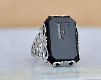 vintage find ART DECO RING silver plated initial F ring, black pressed glass faceted ring,