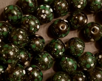 Vintage Japanese Black with Deep Green and White Speckles Glass Beads